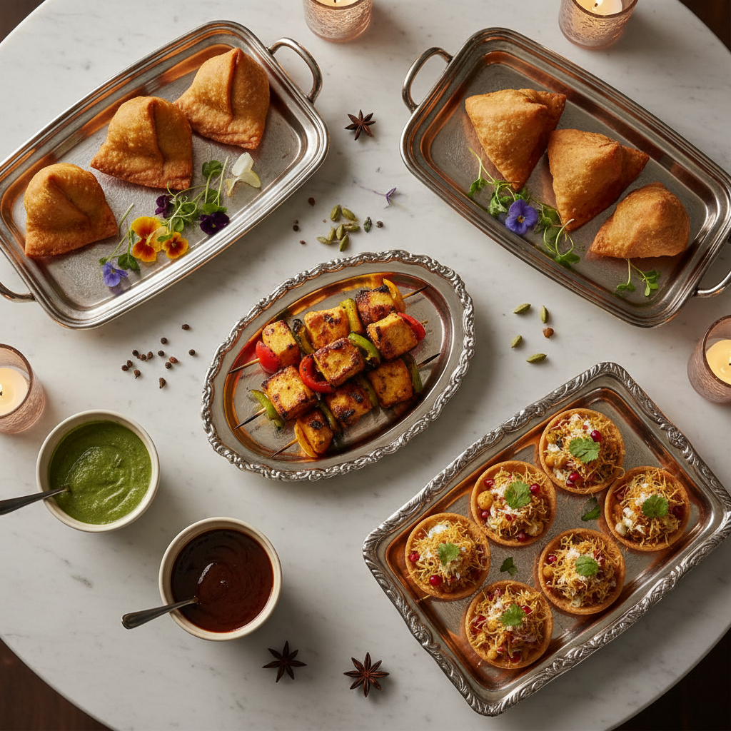 Elegant Indian appetizer spread with samosas and chutneys