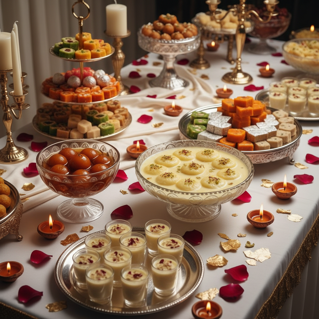 Indian dessert table with gulab jamun, rasmalai and mithai