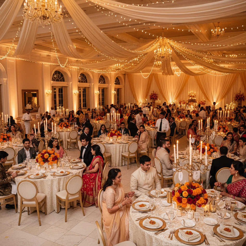 Wedding reception dinner with Indian food stations and decor